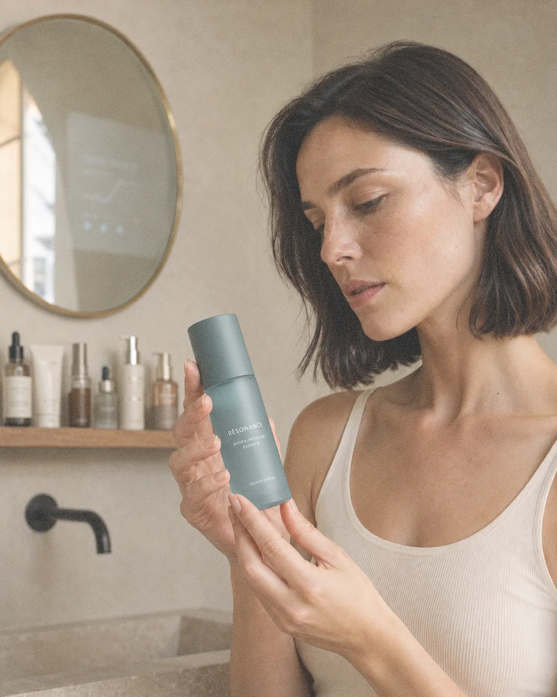 Femme examinant un produit de soin dans sa salle de bain