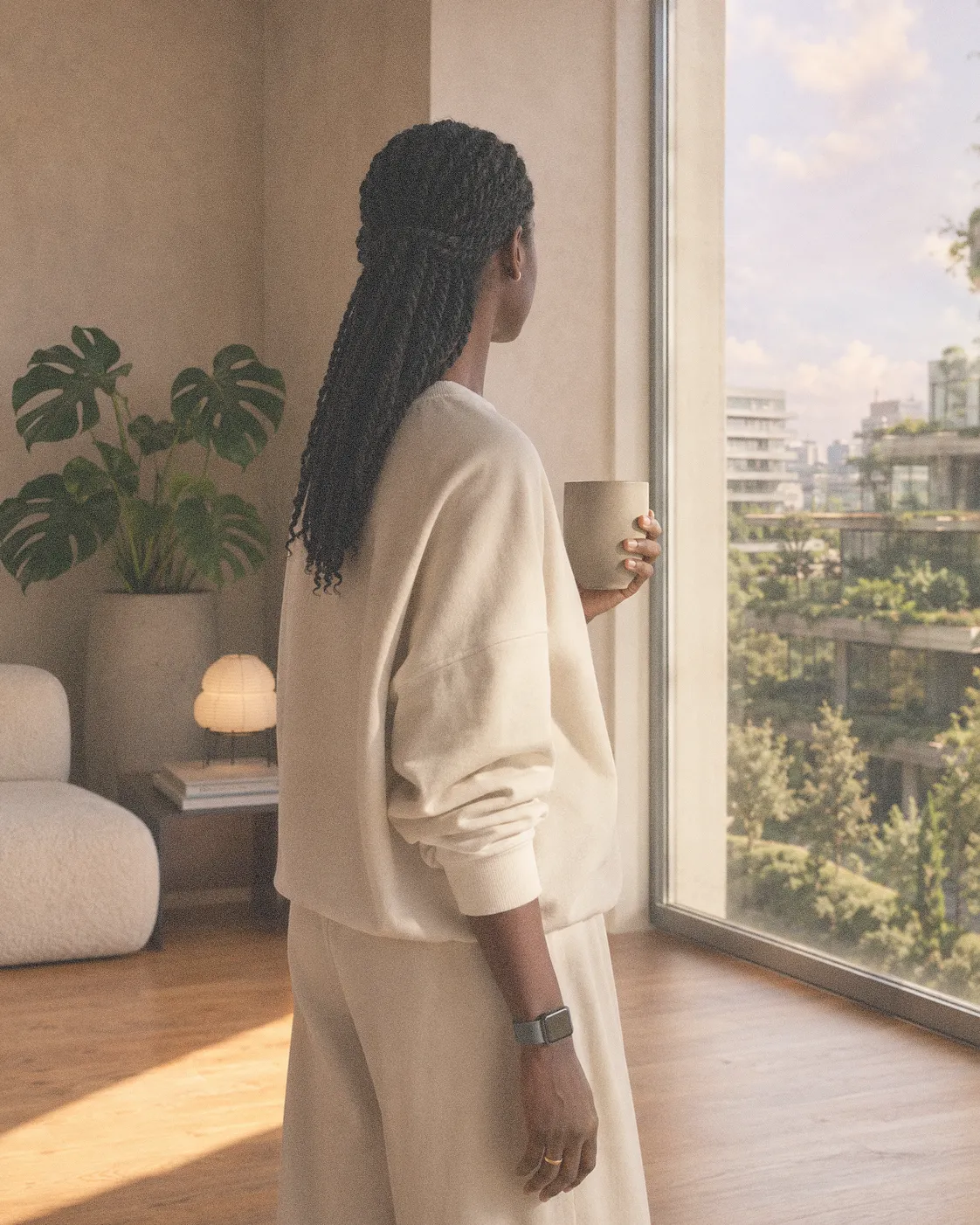 Femme une tasse à la main devant une fenêtre ouverte sur la verdure